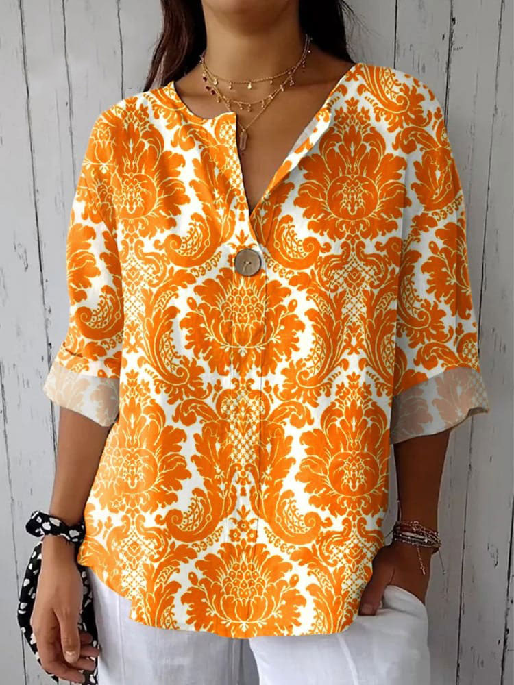 Women's Retro Floral  Art Print Casual Cotton Linen Shirt