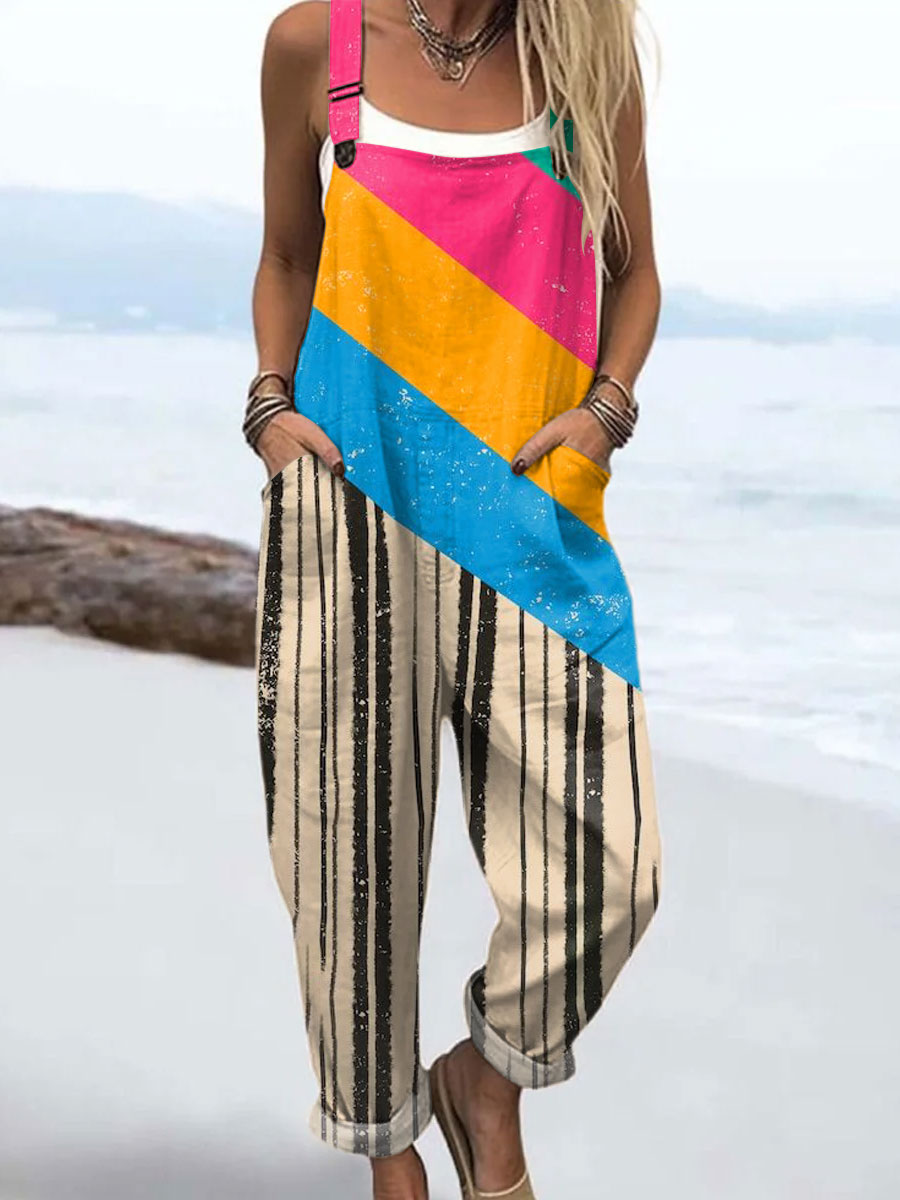 Women's  Vintage Abstract Geometric Art Print Casual 100% Cotton Wide Leg Jumpsuit