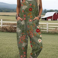 Women's  Vintage Flower Art Print Casual 100% Cotton Wide Leg Jumpsuit