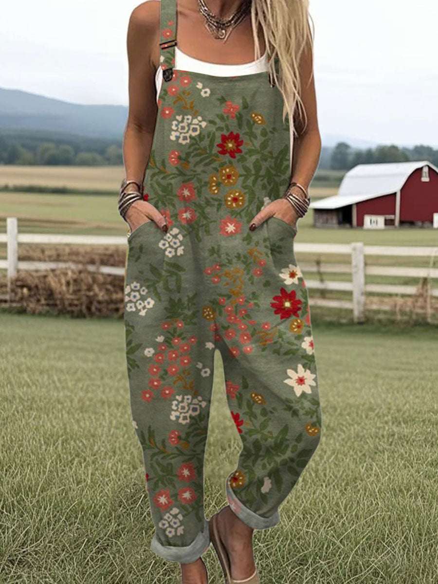 Women's  Vintage Flower Art Print Casual 100% Cotton Wide Leg Jumpsuit
