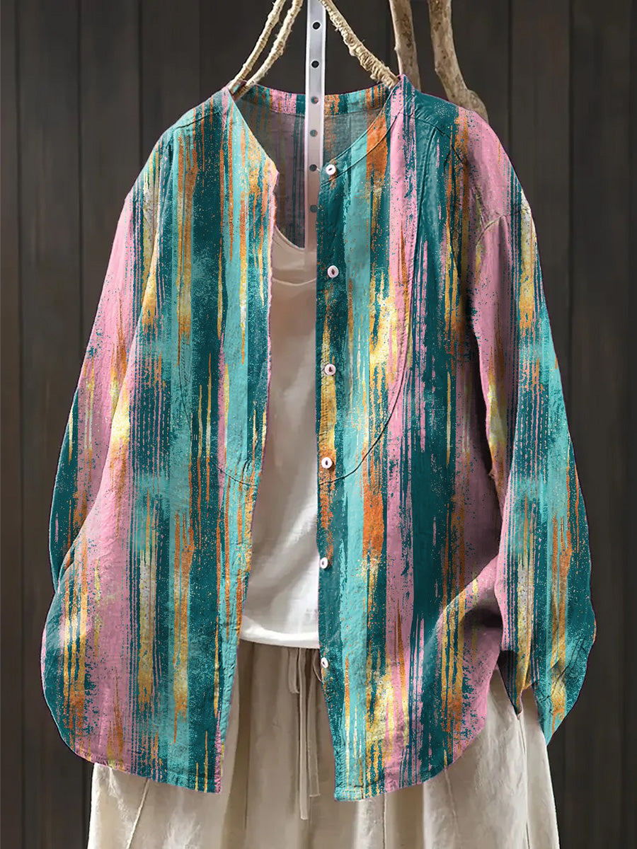 Women's Abstract Colorful Stripes Graffiti Painting Art Print Casual Cotton And Linen Ruffle Shirt