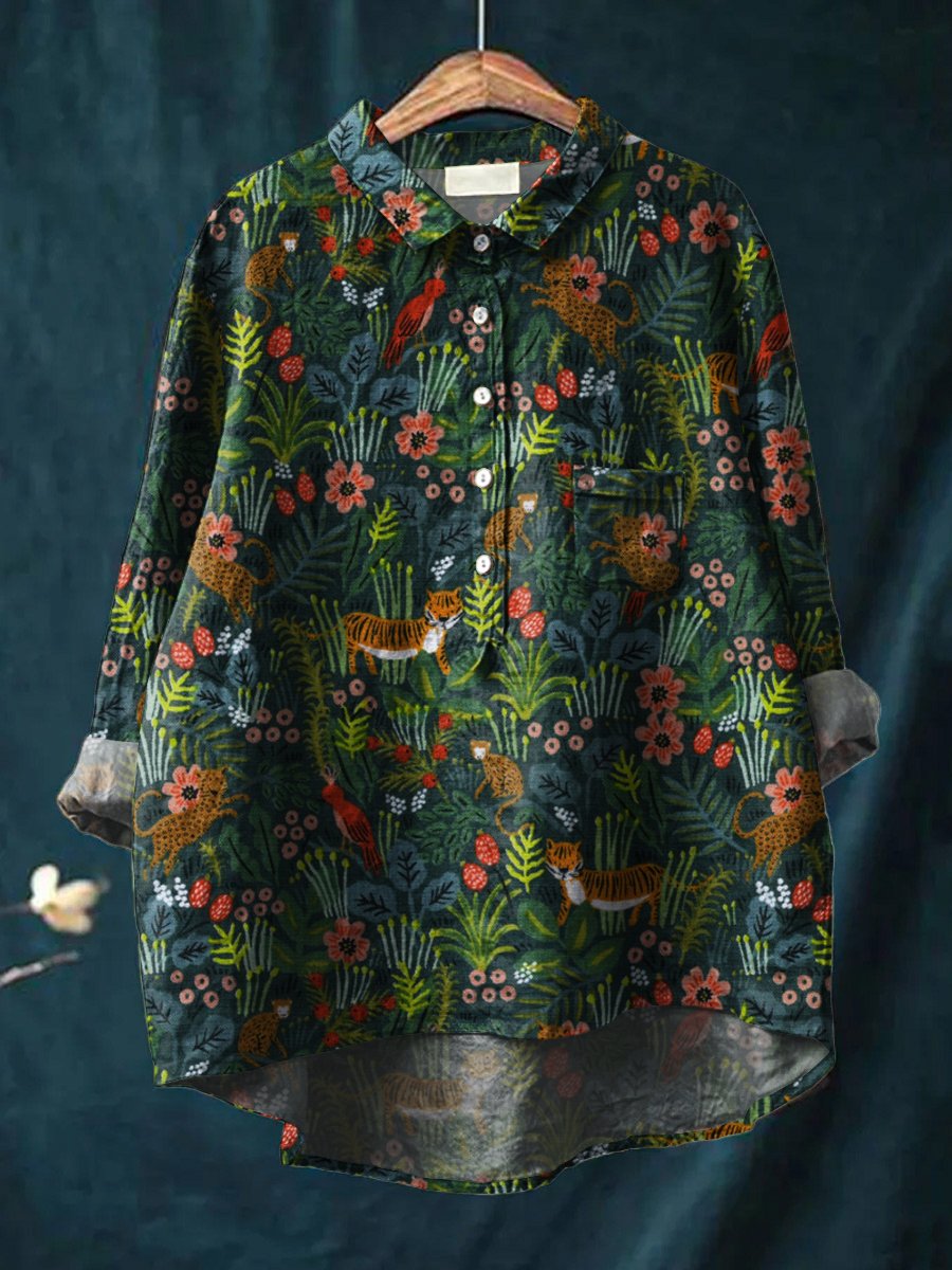 Women's Floral Art Print Casual Cotton And Linen Shirt