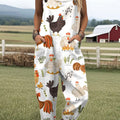 Women's Farm Chicken Art Print Casual 100% Cotton Wide Leg Jumpsuit