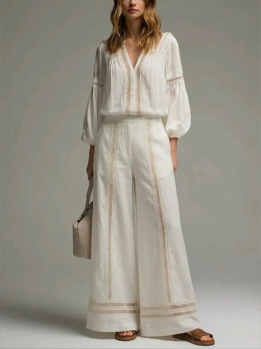 Women's Bohemian Style Cotton And Linen Wide-leg Pants Set