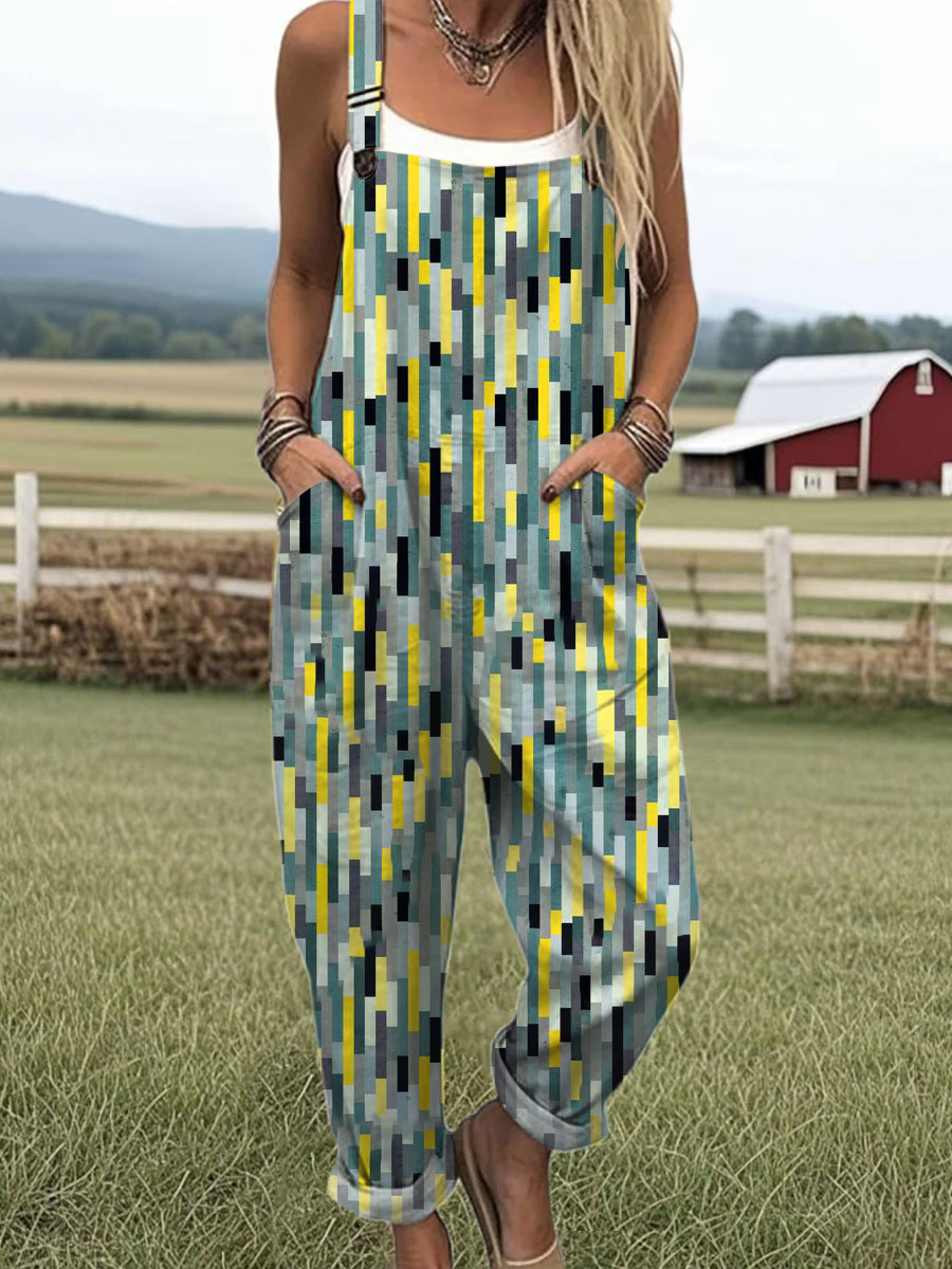 Women's Vintage Abstract Geometric Art Print Casual 100% Cotton Wide Leg Jumpsuit