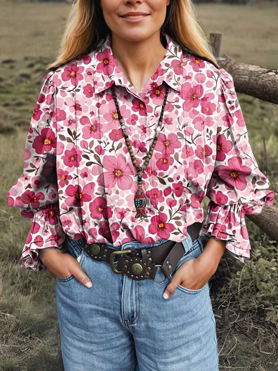 Women's Retro Floral Lapel Long Sleeve Pleated Casual Cotton and Linen Shirt