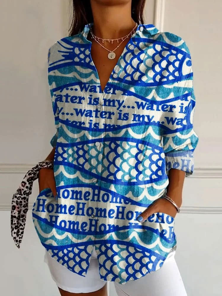 Women's Fish Art Print Casual Cotton Shirt