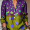 Women's Vintage Floral Two-Tone Painting Art Print Casual Cotton And Linen Shirt