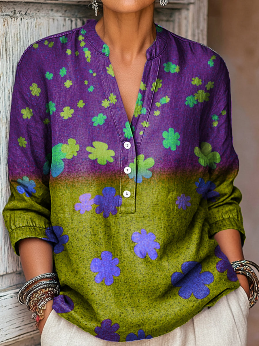 Women's Vintage Floral Two-Tone Painting Art Print Casual Cotton And Linen Shirt
