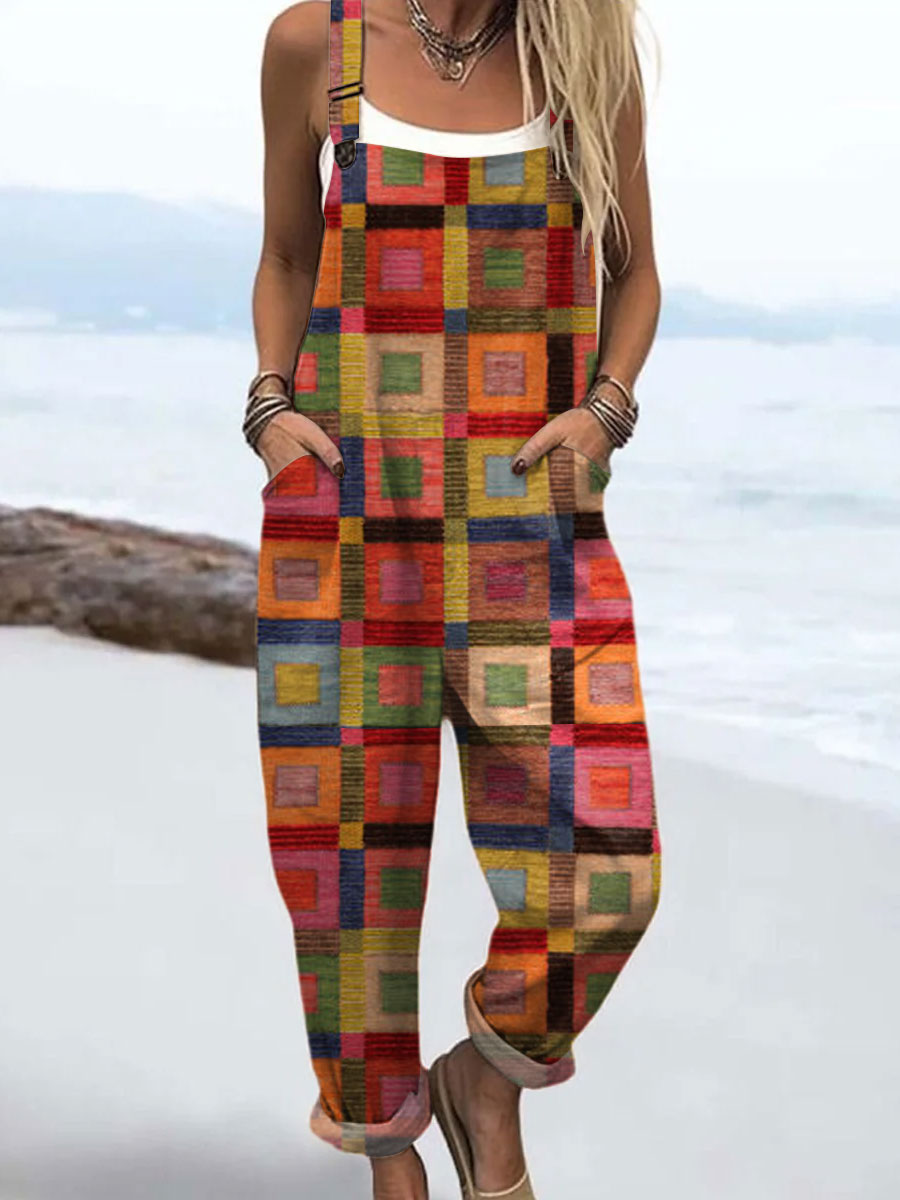 Women's  Vintage Abstract Geometric Art Print Casual 100% Cotton Wide Leg Jumpsuit