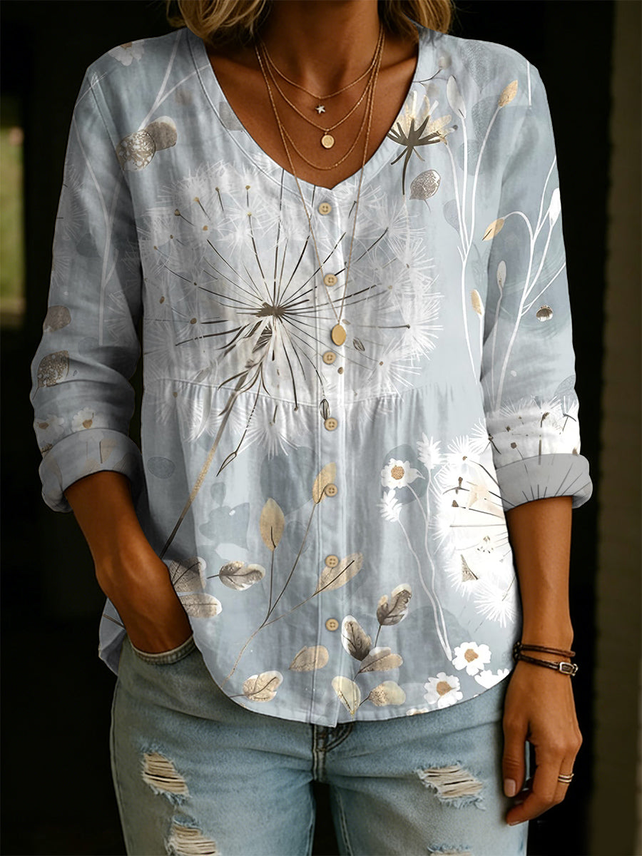 Women's Elegant Dandelion Decorative Pattern Linen And Cotton Shirt