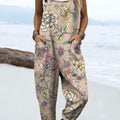 Women's Vintage Flower Art Print Casual 100% Cotton Wide Leg Jumpsuit