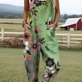 Damen-Jumpsuit mit Vintage-Blumenmuster und Bienenmotiv, 100 % Baumwolle, weites Bein 
