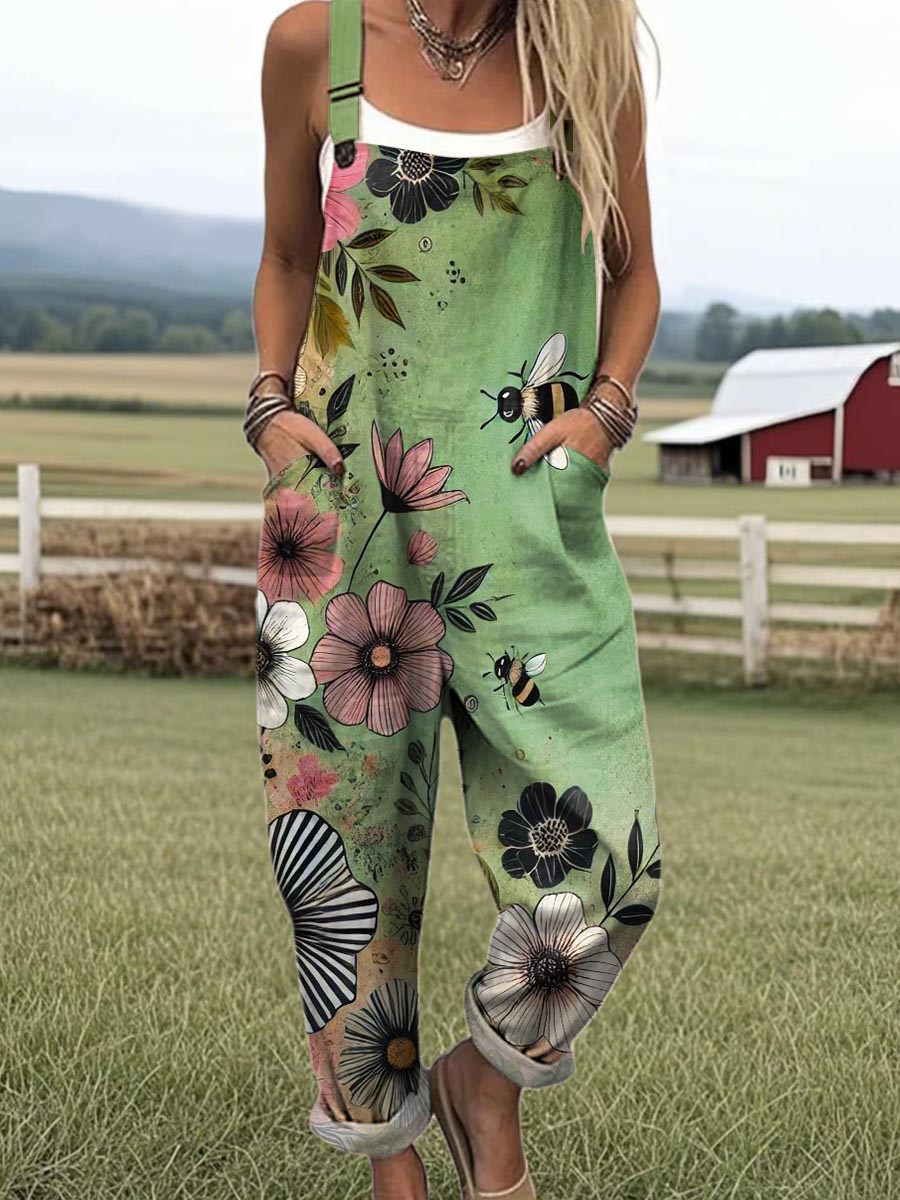 Women's Vintage Floral Bees Pattern Art Print Casual 100% Cotton Wide Leg Jumpsuit