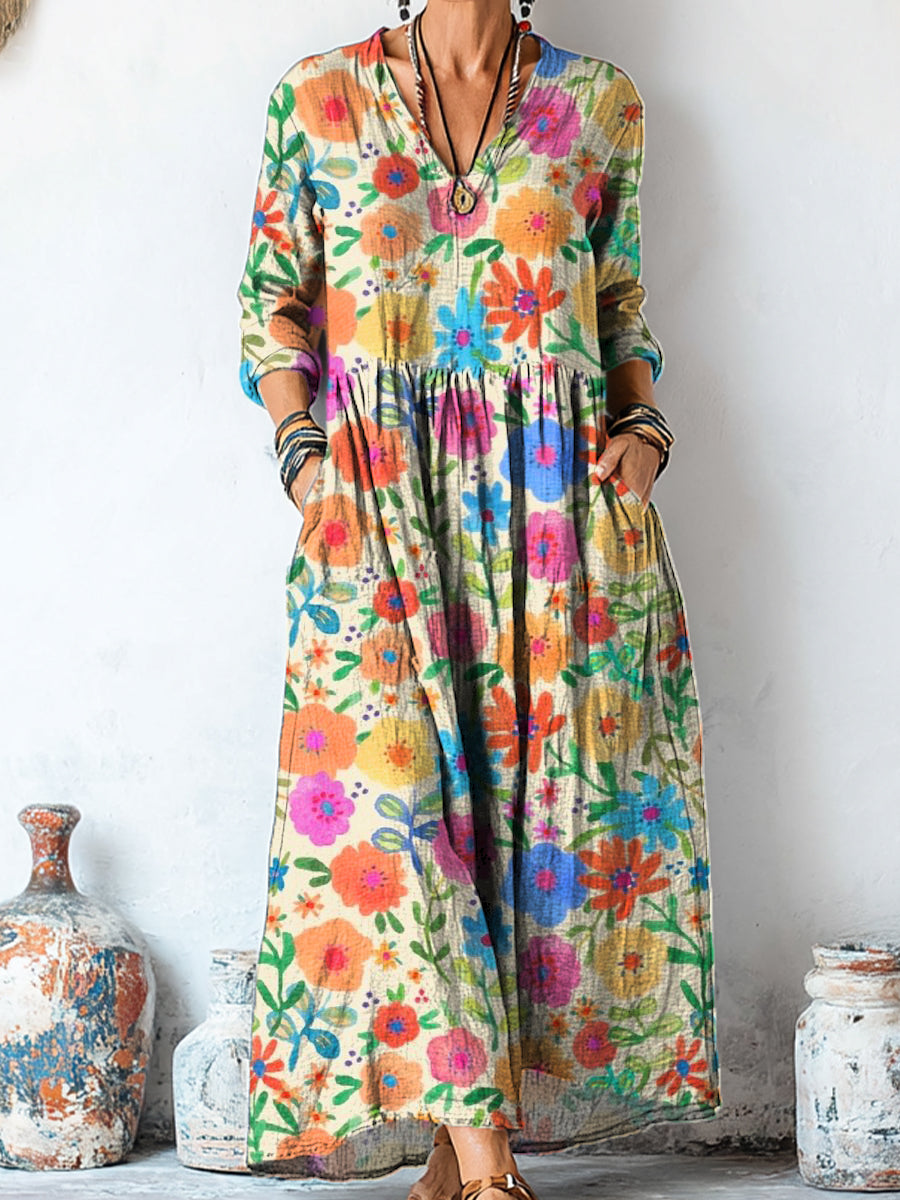 Women's Beautiful Colorful Floral Painting Art Print Linen Pocket Tunic Dress