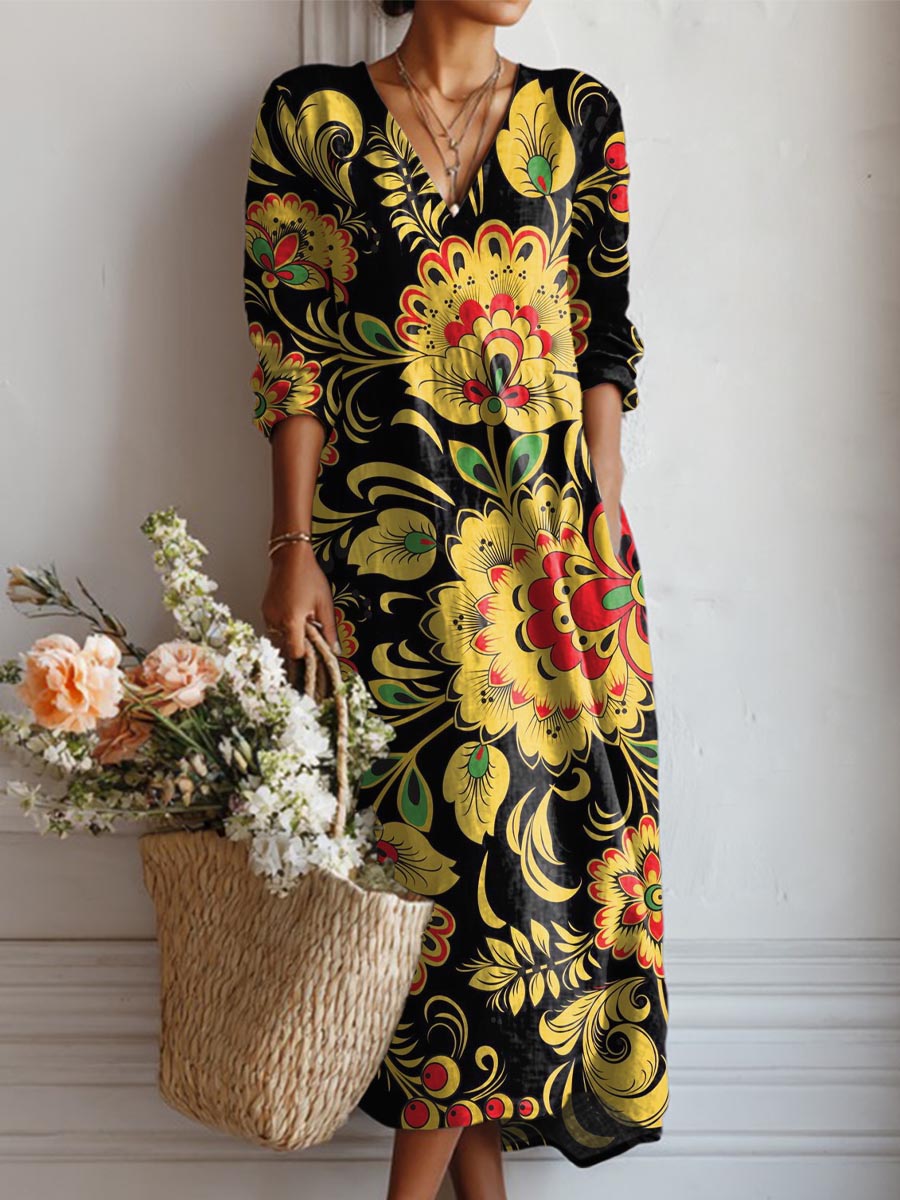 Women's Vintage Floral Art Print Casual Cotton Linen Pocket Dress