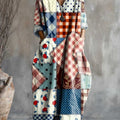 Robe en coton à col en V et poches, imprimé patchwork vintage pour femme 