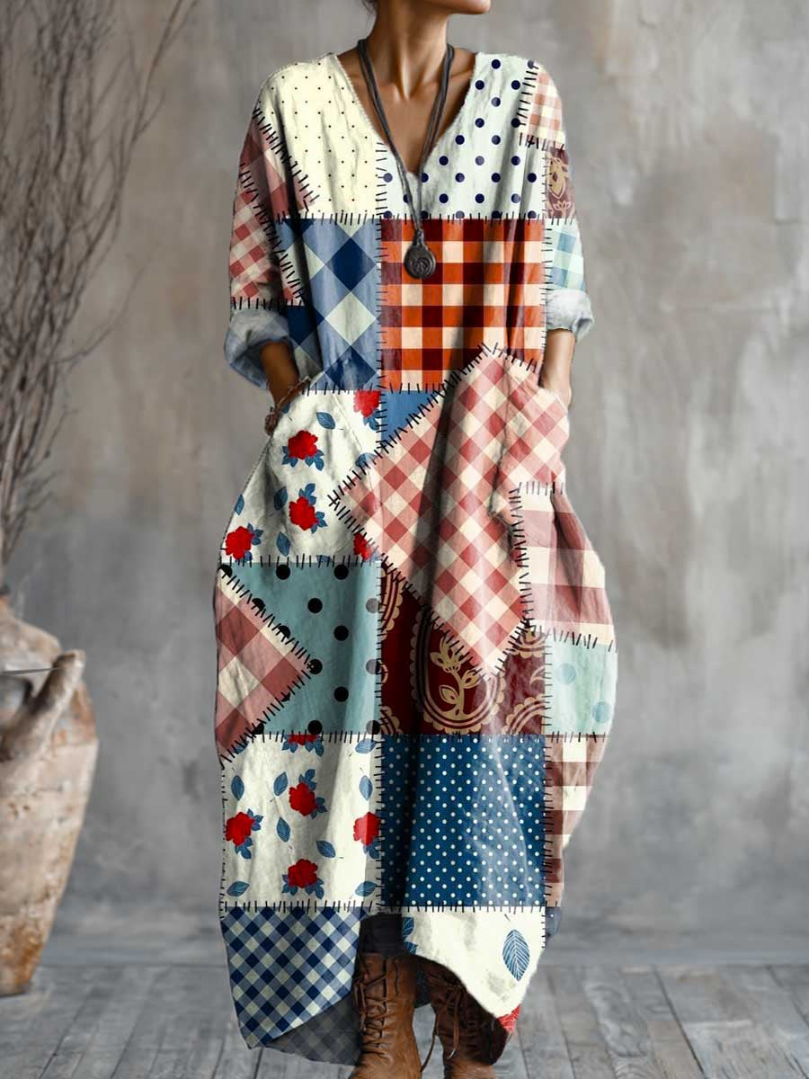 Women's Vintage Patchwork Art Pattern Print Pocket V-neck Cotton Dress