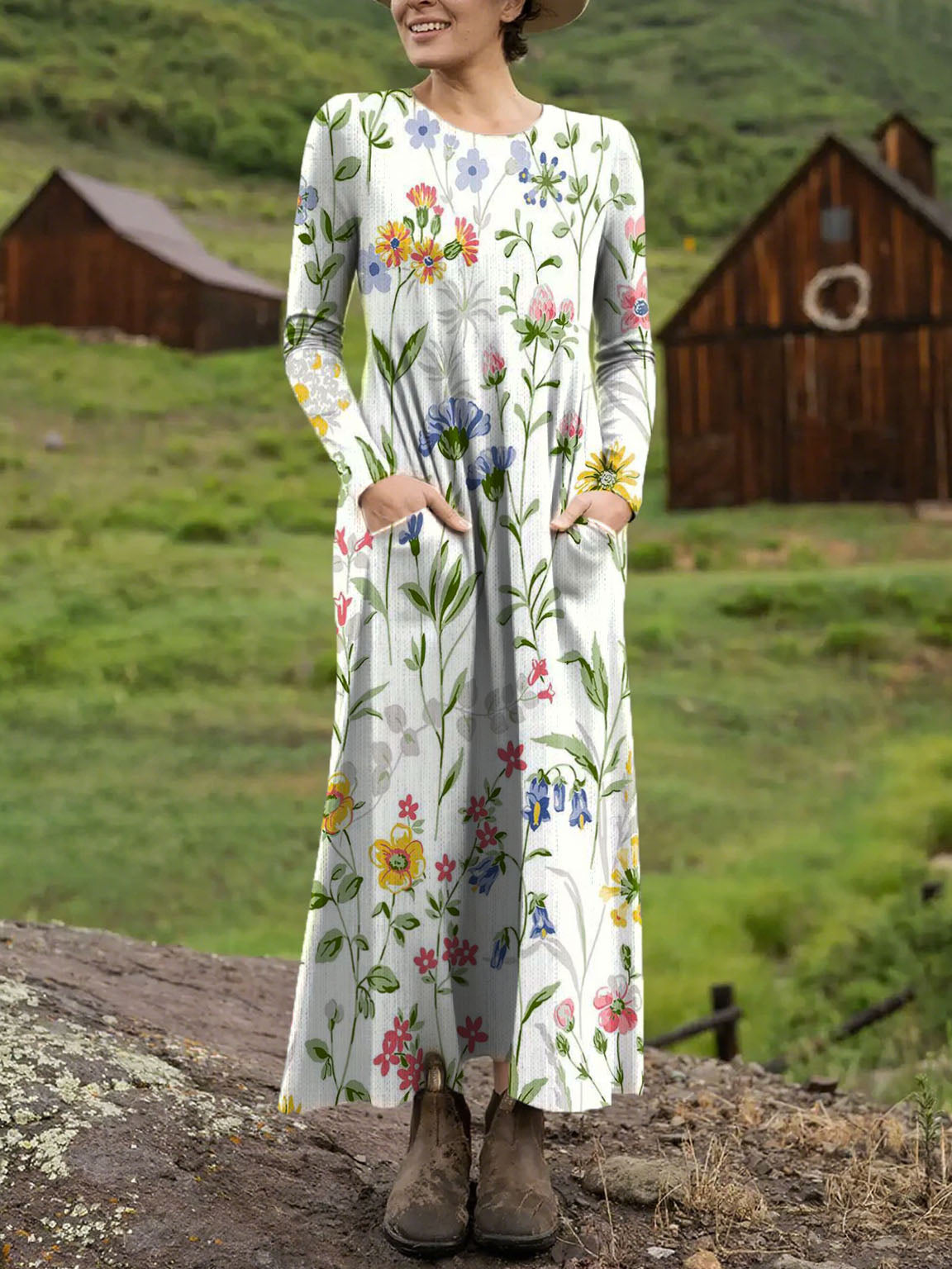 Women's Floral Art Print Casual Long-sleeved Dress