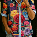 Women's Retro-print Short-sleeve Casual Loose Cotton-linen Cardigan With Shirt Collar