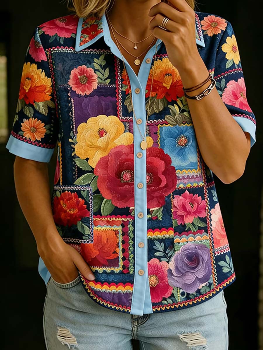 Women's Retro-print Short-sleeve Casual Loose Cotton-linen Cardigan With Shirt Collar