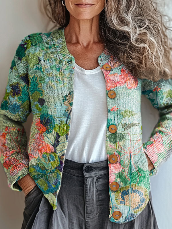 womens-vintage-floral-art-print-buttoned-cardigan-sweater-bss1
