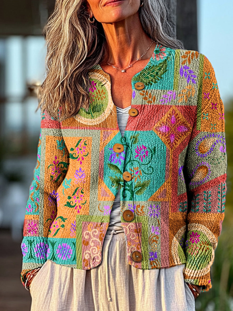 vintage-colorful-geometric-floral-art-print-buttoned-cardigan-sweater