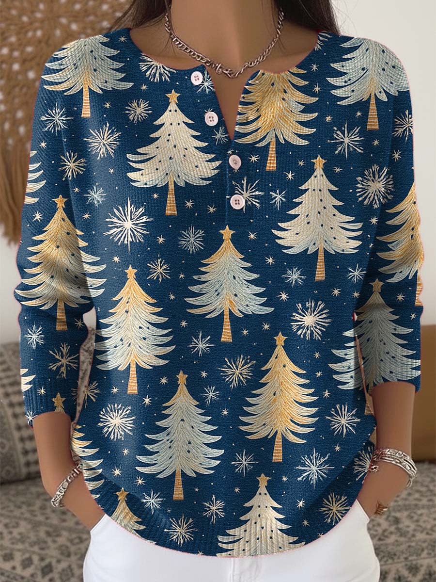Women's Christmas Tree Art Print Buttoned Cardigan Sweater
