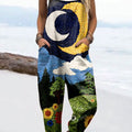 Women's Vintage Abstract Moon Plants Nature Art Print Casual 100% Cotton Wide Leg Jumpsuit