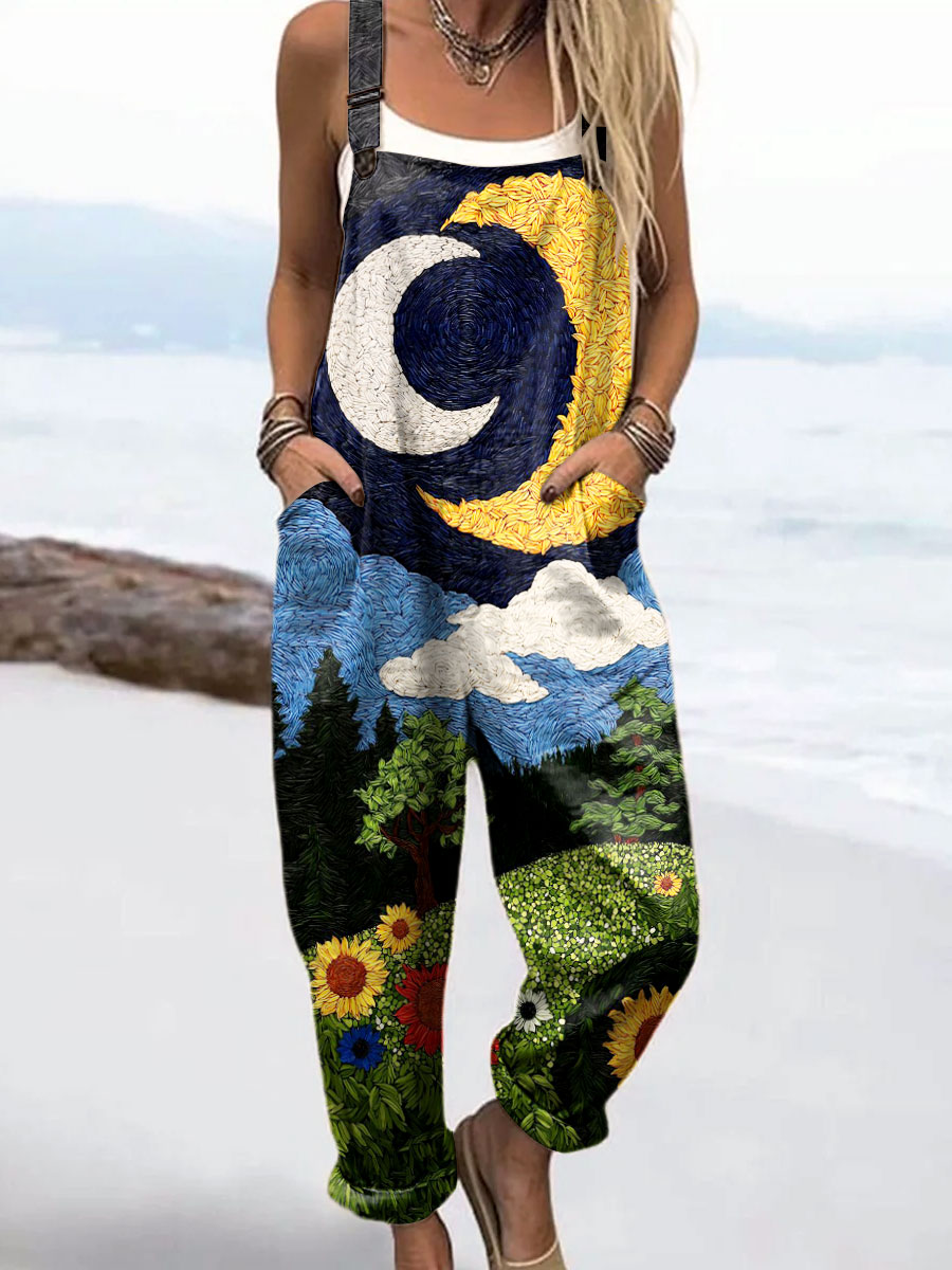 Women's Vintage Abstract Moon Plants Nature Art Print Casual 100% Cotton Wide Leg Jumpsuit