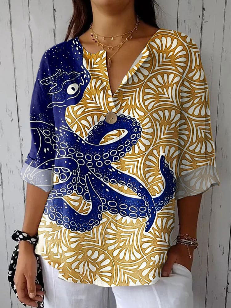 Women's Octopus  Art Print Casual Cotton Linen Shirt