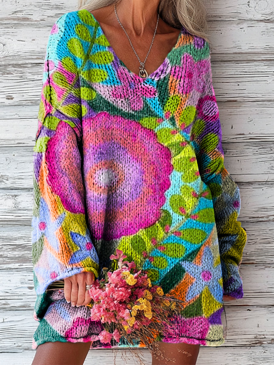 Women's Beautiful Colorful Flowers And Leaves Painting Art Print Casual Pullover Sweater