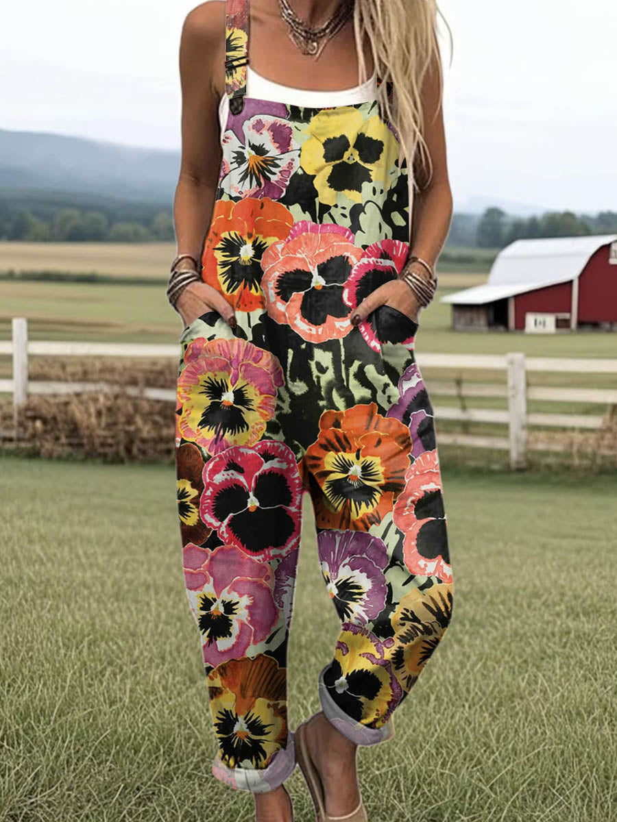 Women's Floral Art Print Casual 100% Cotton Wide Leg Jumpsuit
