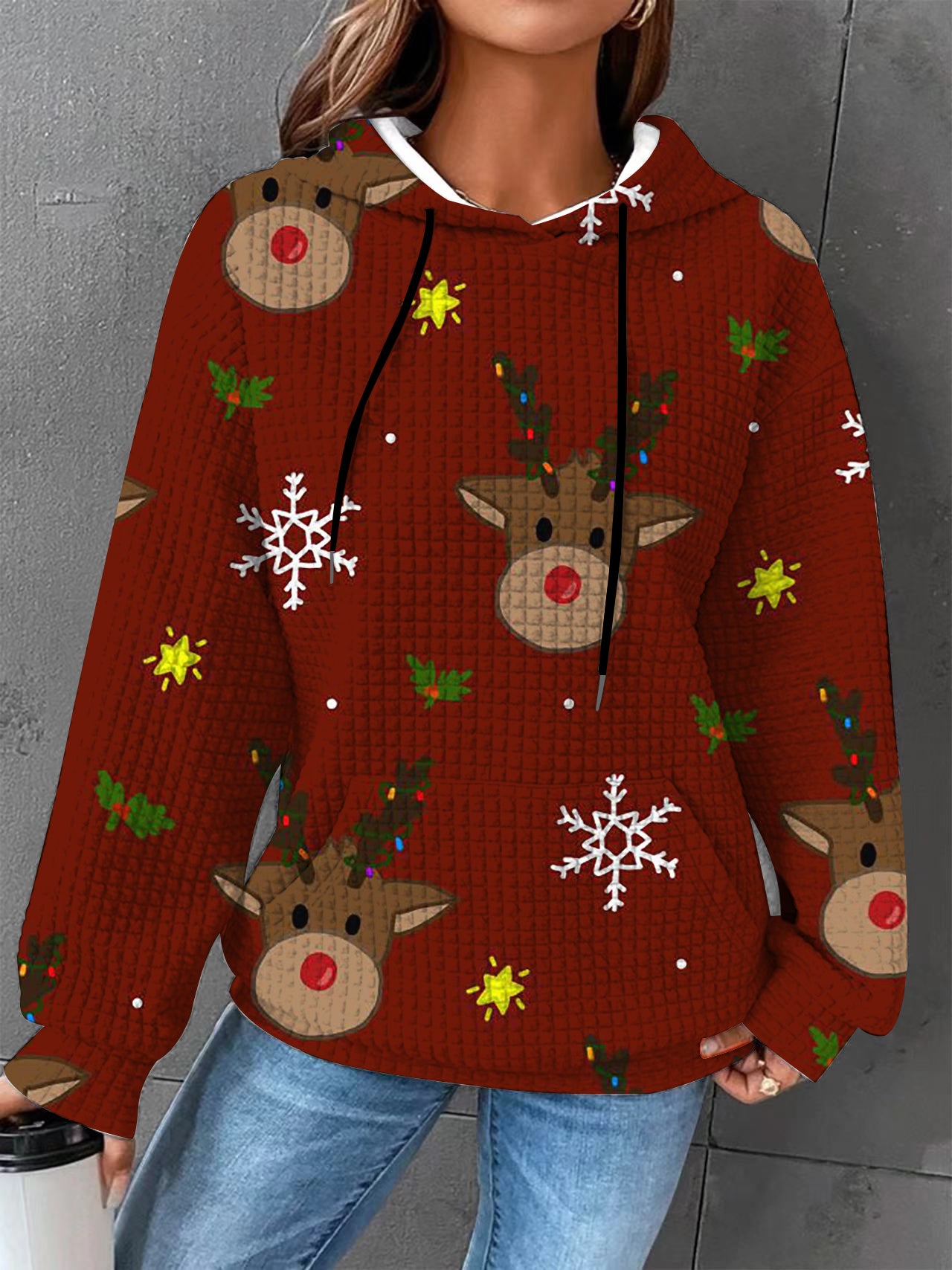 Plus size Autumn/Winter Women's Waffle Essential Creative Printed Long Sleeve Hooded Sweatshirt