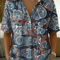 Women's Vintage Botanical Floral Casual Polo Collar Short-sleeved Linen And Cotton Shirt