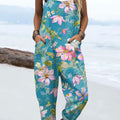 Women's Vintage Flowers Art Print Casual 100% Cotton Wide Leg Jumpsuit