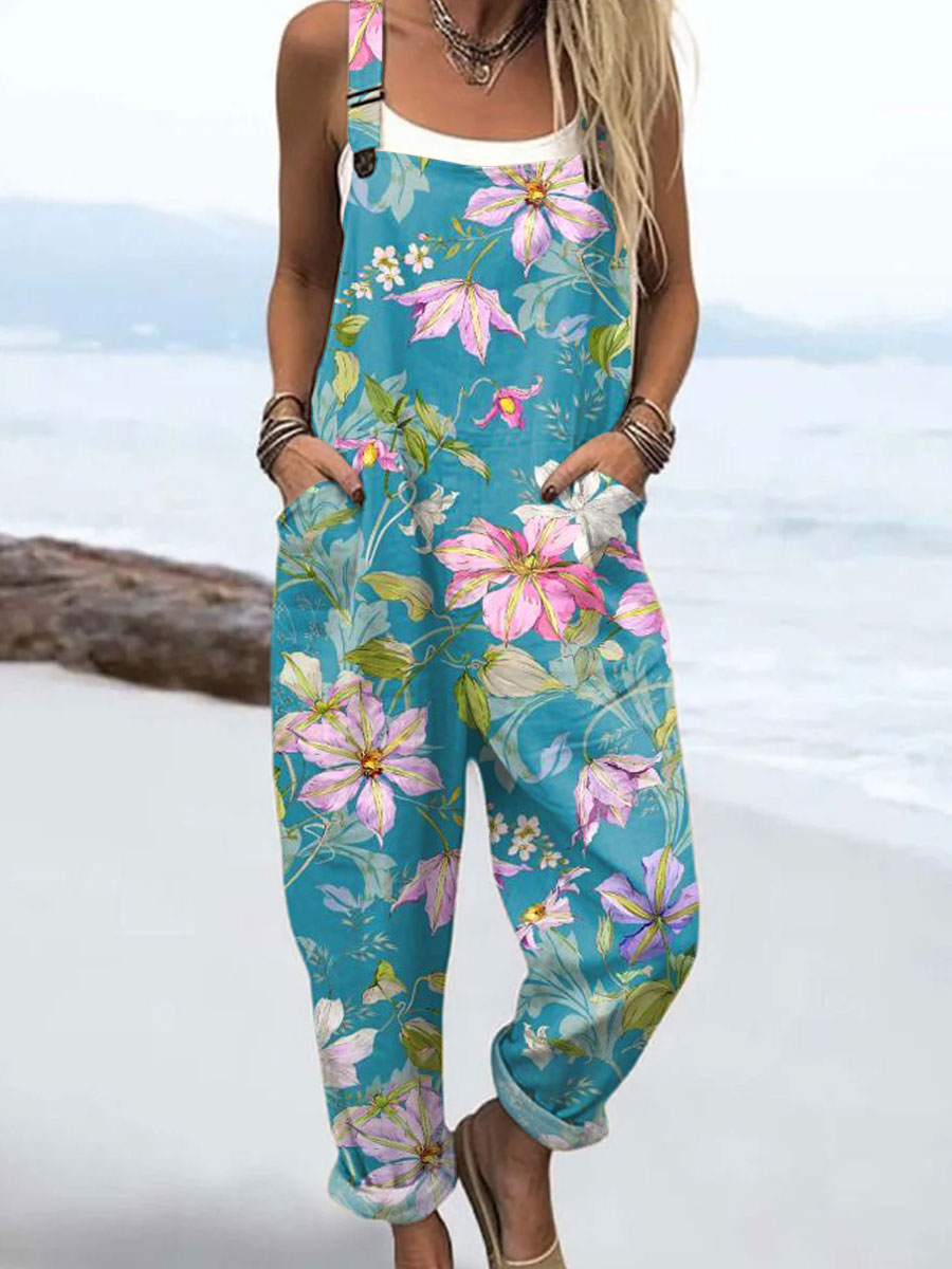 Women's Vintage Flowers Art Print Casual 100% Cotton Wide Leg Jumpsuit