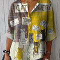 Women's Vintage Lovely Cats Art Print Casual Cotton Linen Shirt