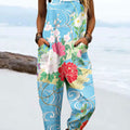 Women's Vintage Flower Art Print Casual 100% Cotton Wide Leg Jumpsuit