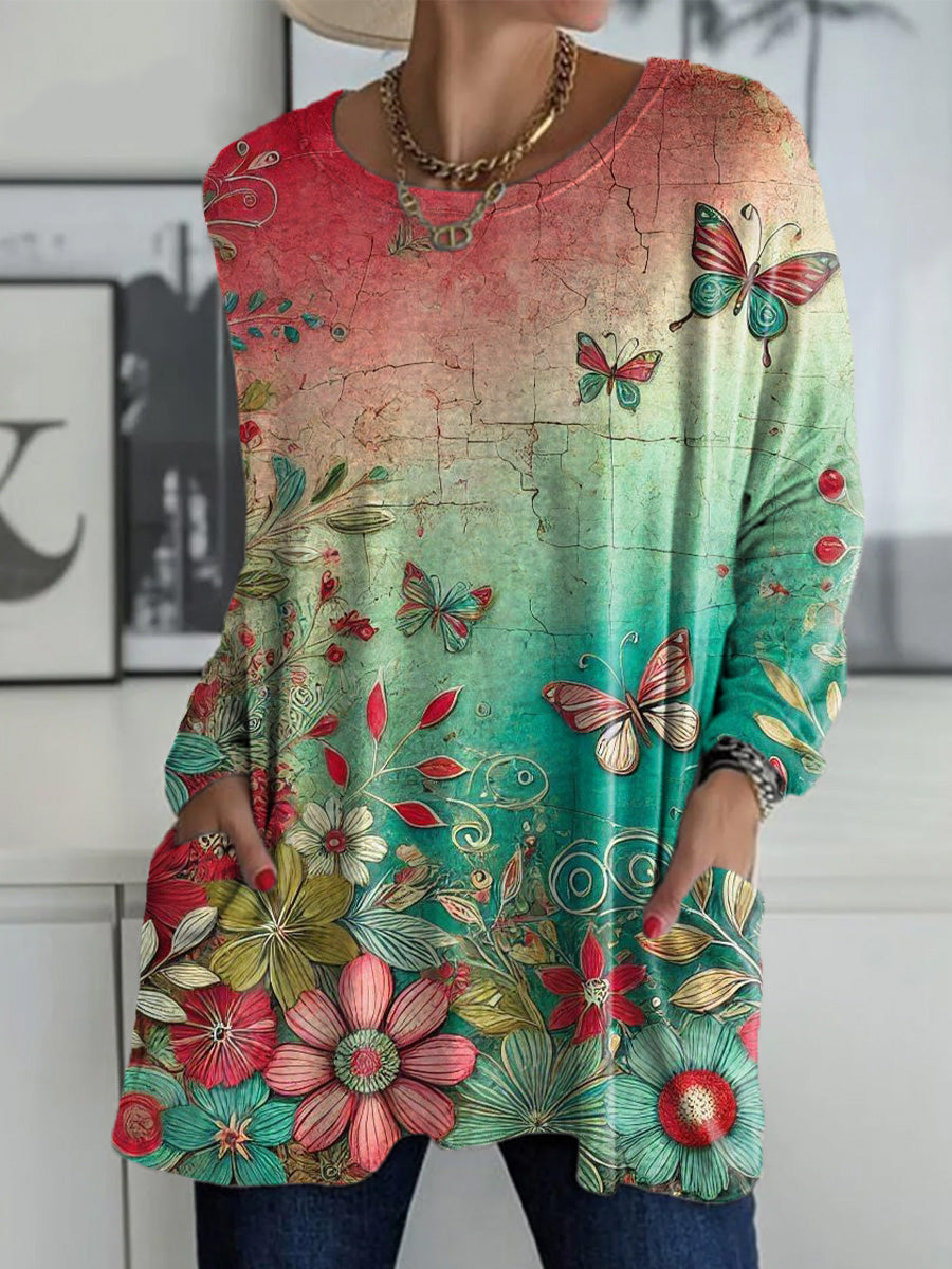 Women's Beautiful Vintage Floral Butterfly Painting Art Print Casual Long Sleeve T-shirt
