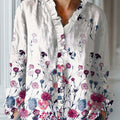 Chemise à volants décontractée en coton et lin à imprimé floral vintage pour femme 