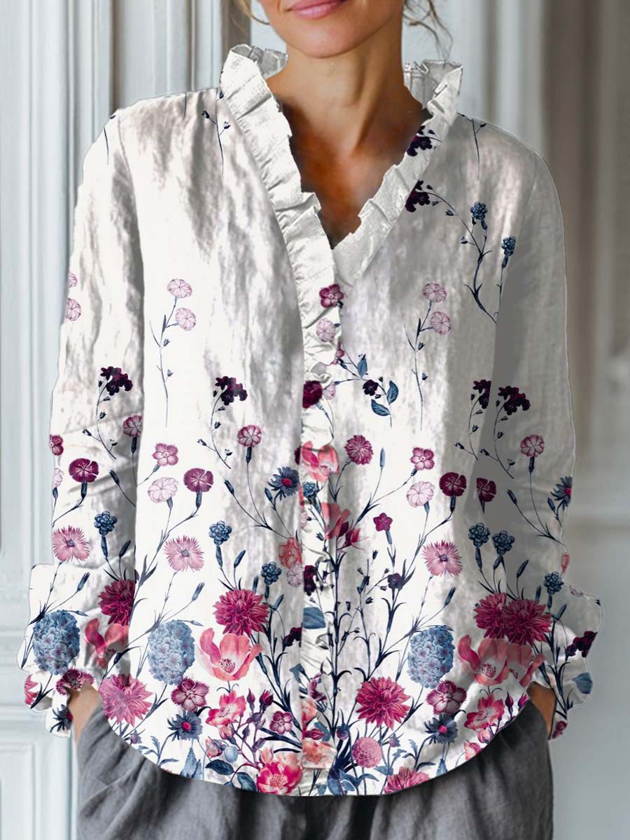 Women's Vintage Floral Art Print Casual Cotton And Linen Ruffle Shirt