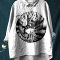 Lovely Sleepy Cat Graphic Printed Women's Casual Cotton And Linen Shirt