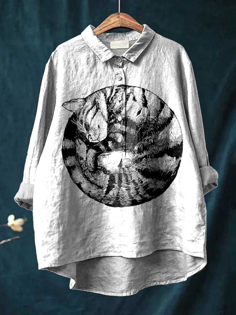 Lovely Sleepy Cat Graphic Printed Women's Casual Cotton And Linen Shirt