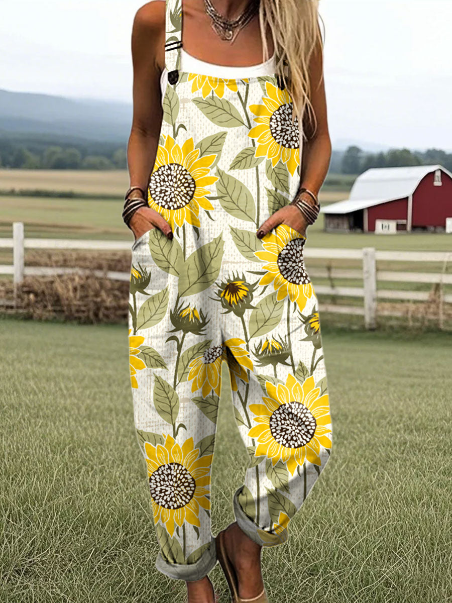 Women's Vintage Floral Art Print Casual 100% Cotton Wide Leg Jumpsuit