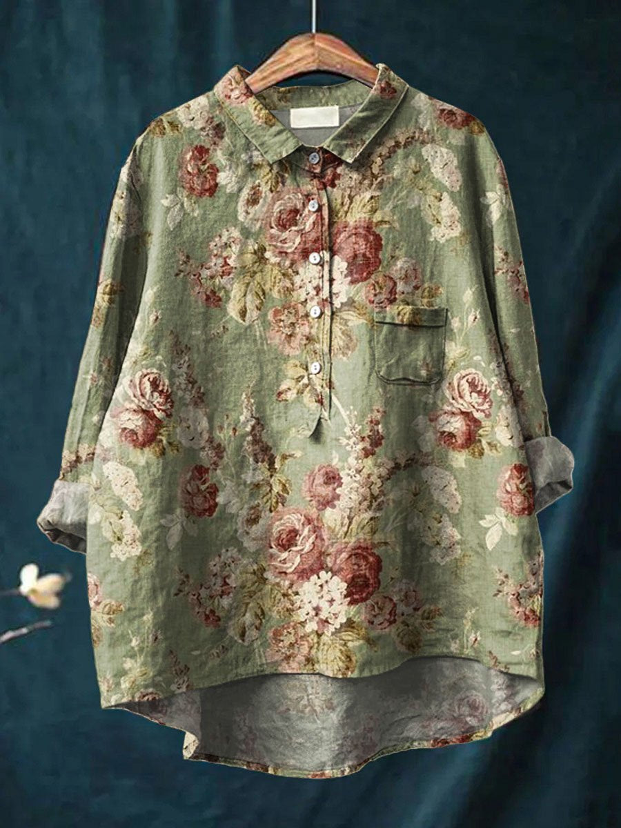 Women's Vintage Floral Art Print Casual Cotton And Linen Shirt