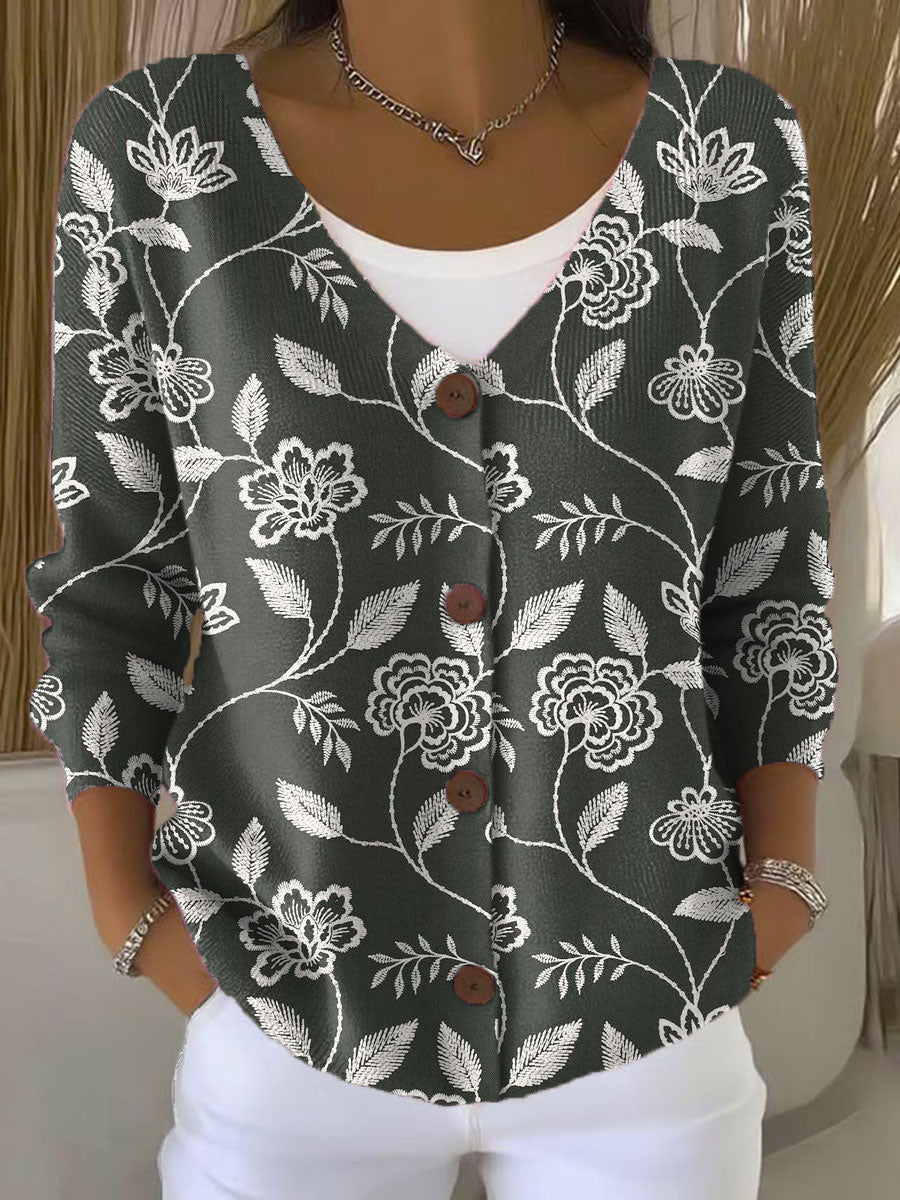 vintage-flower-art-print-buttoned-v-neck-cardigan-sweater-qds1