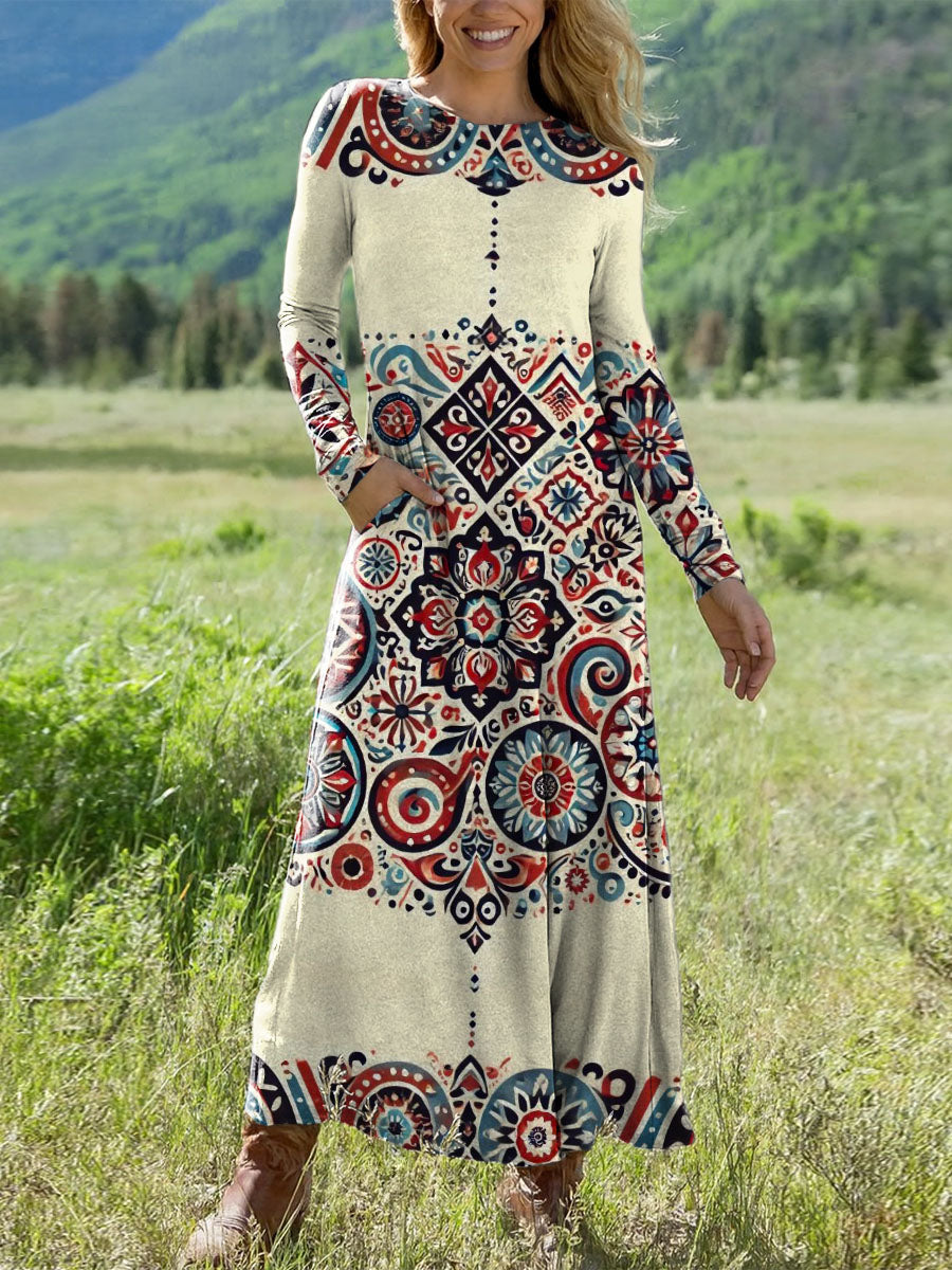 Women's Retro Ethnic Pattern Art Print Long-sleeved Dress