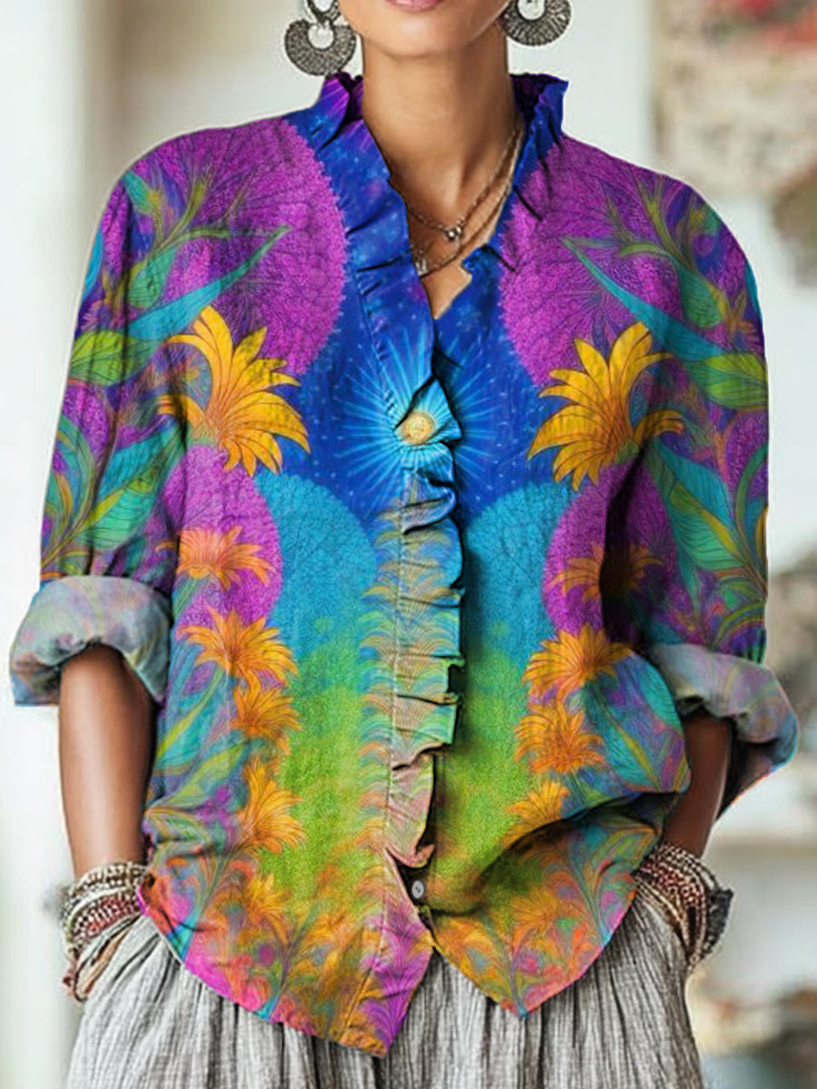 Women's Beautiful Abstract Night Floral Illustration Art Print Casual Cotton And Linen Ruffle Shirt