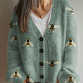 vintage-bee-art-print-buttoned-v-neck-cardigan-sweater